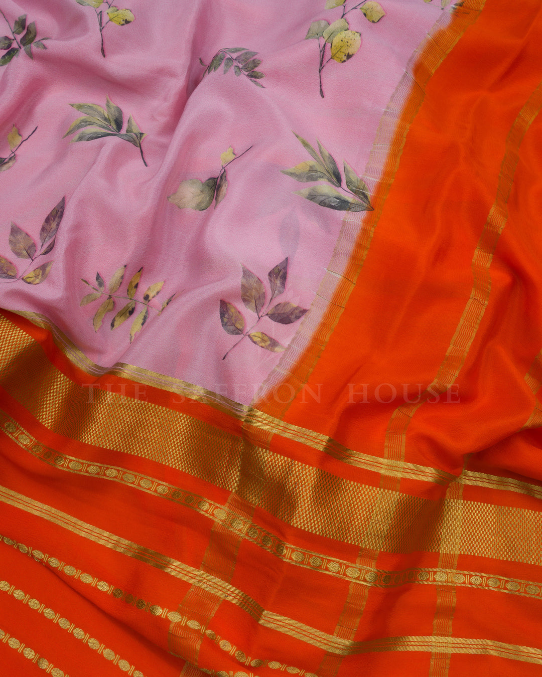 Light Baby Pink And Orange Eco-Printed Mysore Silk Saree - TSH2506089