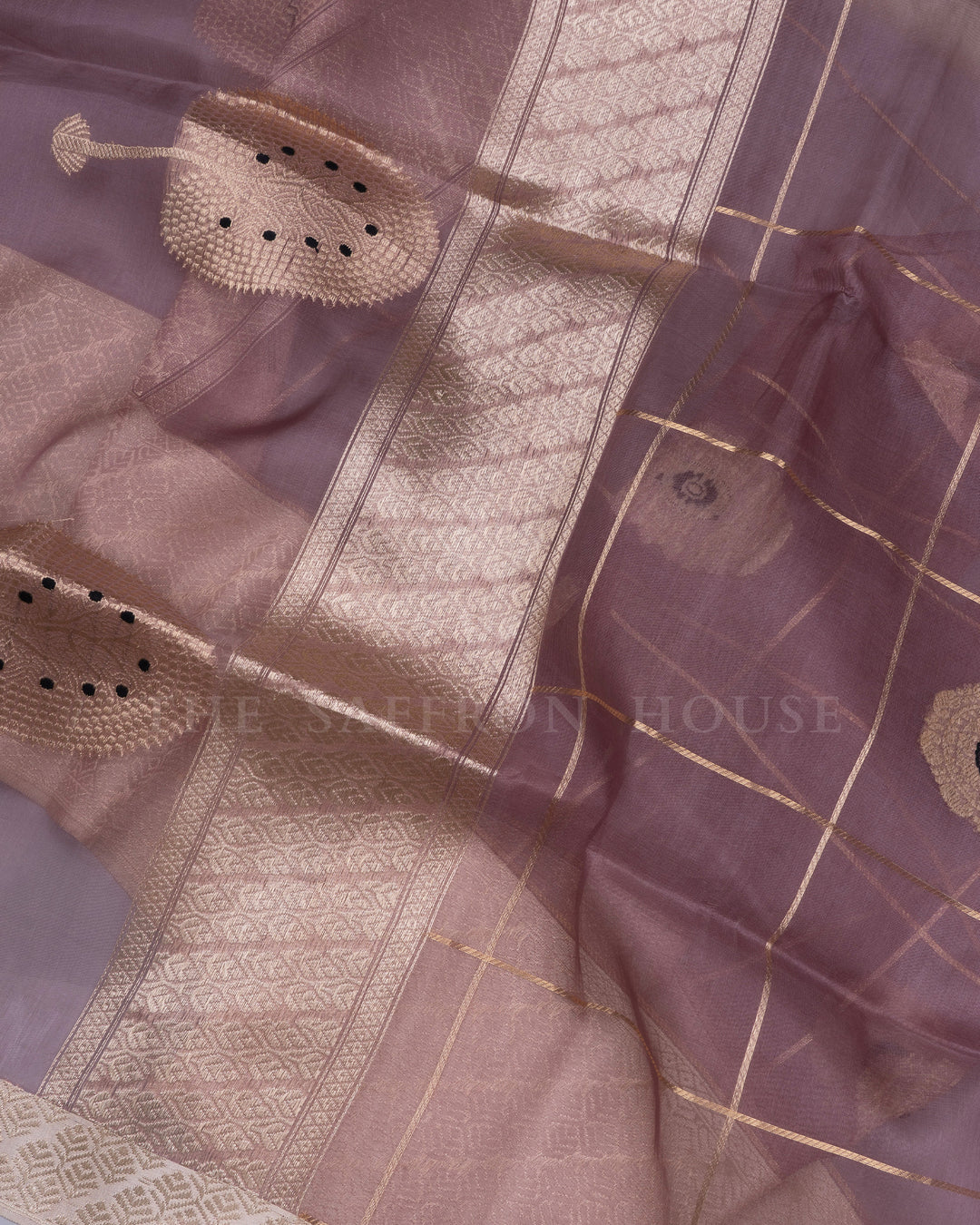 Mauve And Beige Gold Handwoven Organza Banarasi Saree - TSH110077