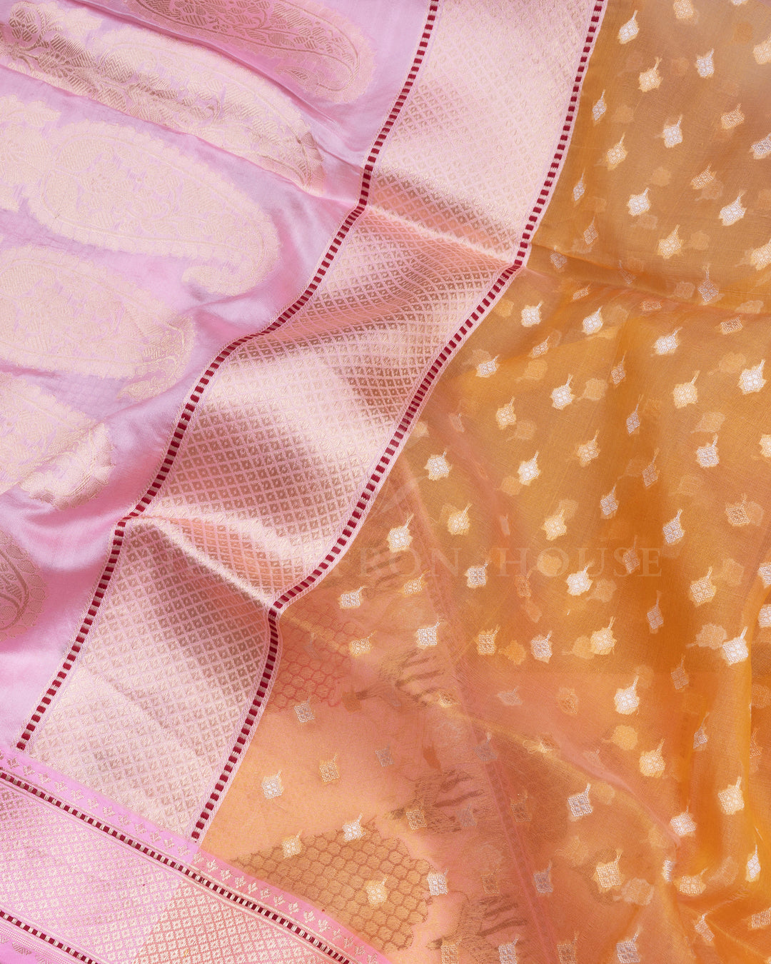 Mustard Yellow And Baby Pink Handwoven Organza Banarasi Saree - TSH110082