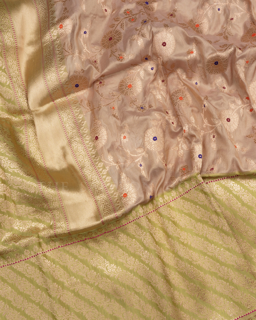 Beige And Parrot Green Handwoven Banarasi Silk Saree - TSH110075