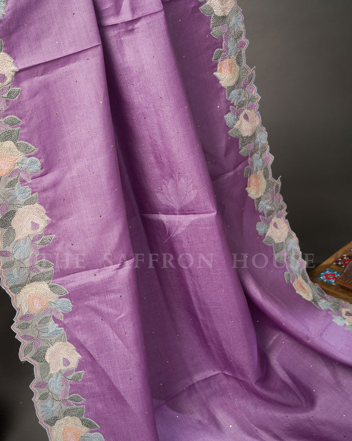 Lilac Tussar Silk Saree with Pastel Rose Embroidered Border & Contrast Grey Blouse