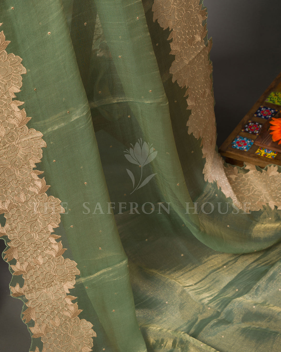 Sage Green Tissue Organza Saree with Self-Tone Floral Lace Border