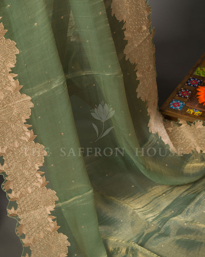 Sage Green Tissue Organza Saree with Self-Tone Floral Lace Border