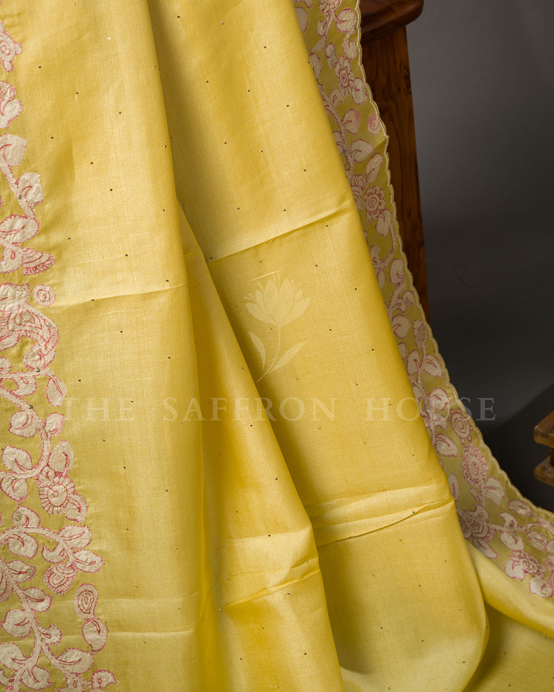 Yellow Tussar Silk Saree with Floral Vine Embroidered Border