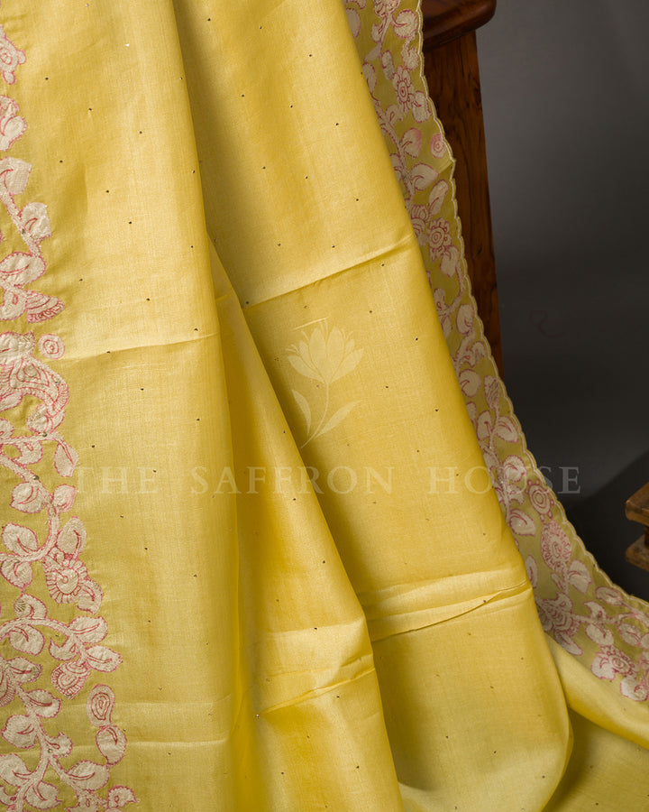 Yellow Tussar Silk Saree with Floral Vine Embroidered Border