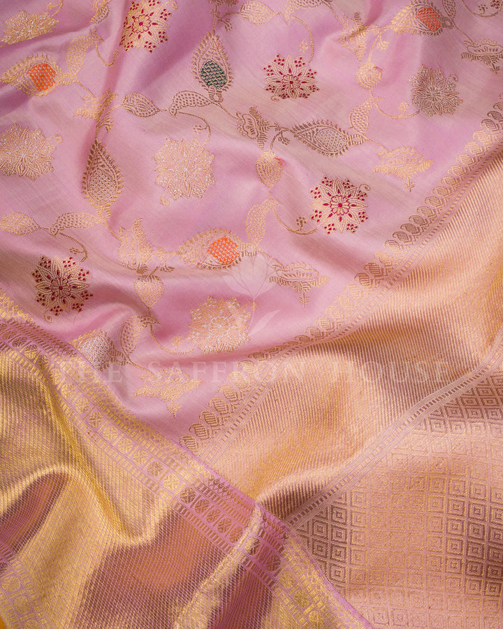 Lilac Kanchivaram Silk Saree with Floral Jaal Weave & Gold Zari Border