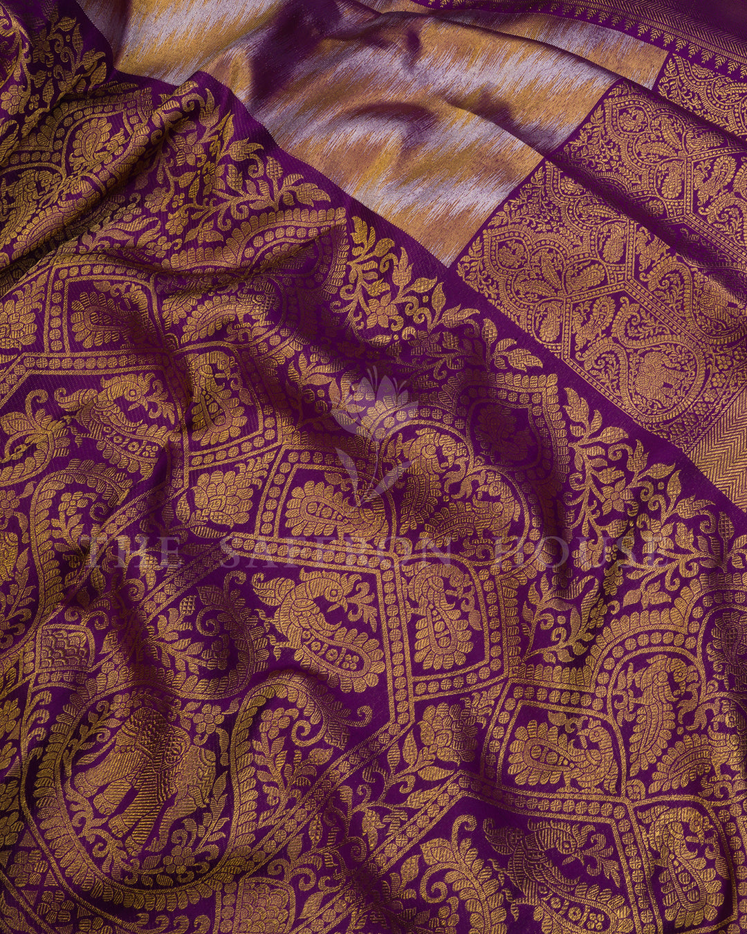 Ikat Mustard Kanchivaram Silk Saree with Purple Elephant Motif Border