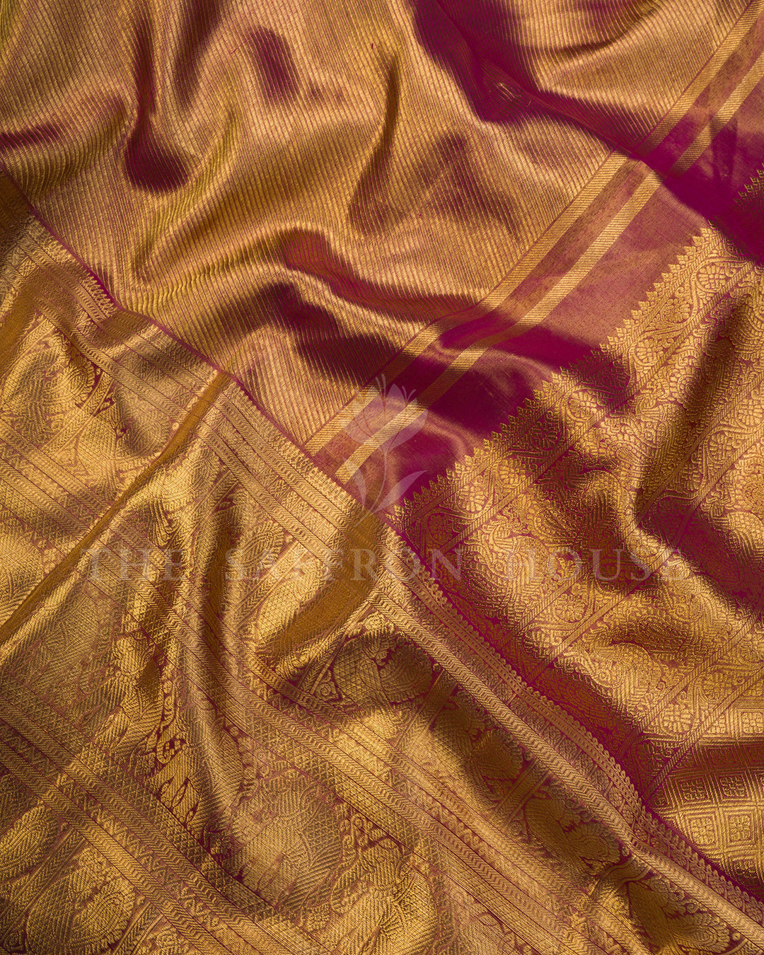 Rustic Gold Kanchivaram Silk Saree with Peacock Motif Border & Diamond Weave Pallu