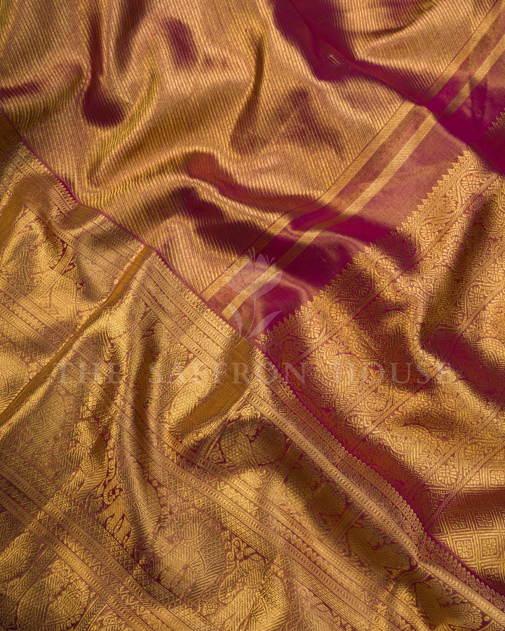 Rustic Gold Kanchivaram Silk Saree with Peacock Motif Border & Diamond Weave Pallu
