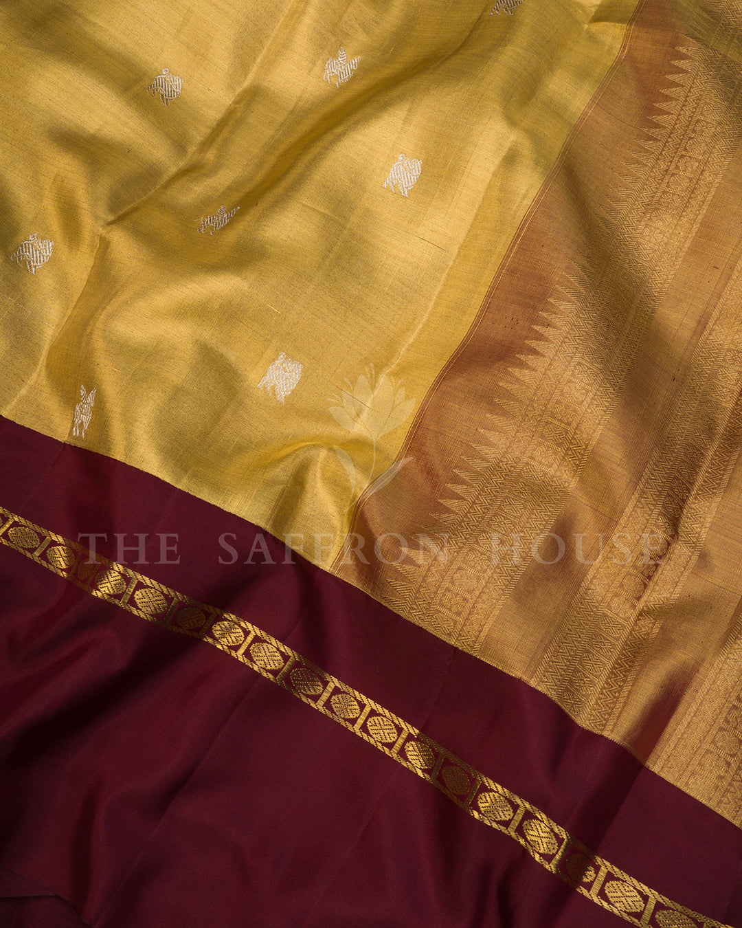 Gold Kanchivaram Silk Saree with Silver Bird Butis & Contrast Maroon Border