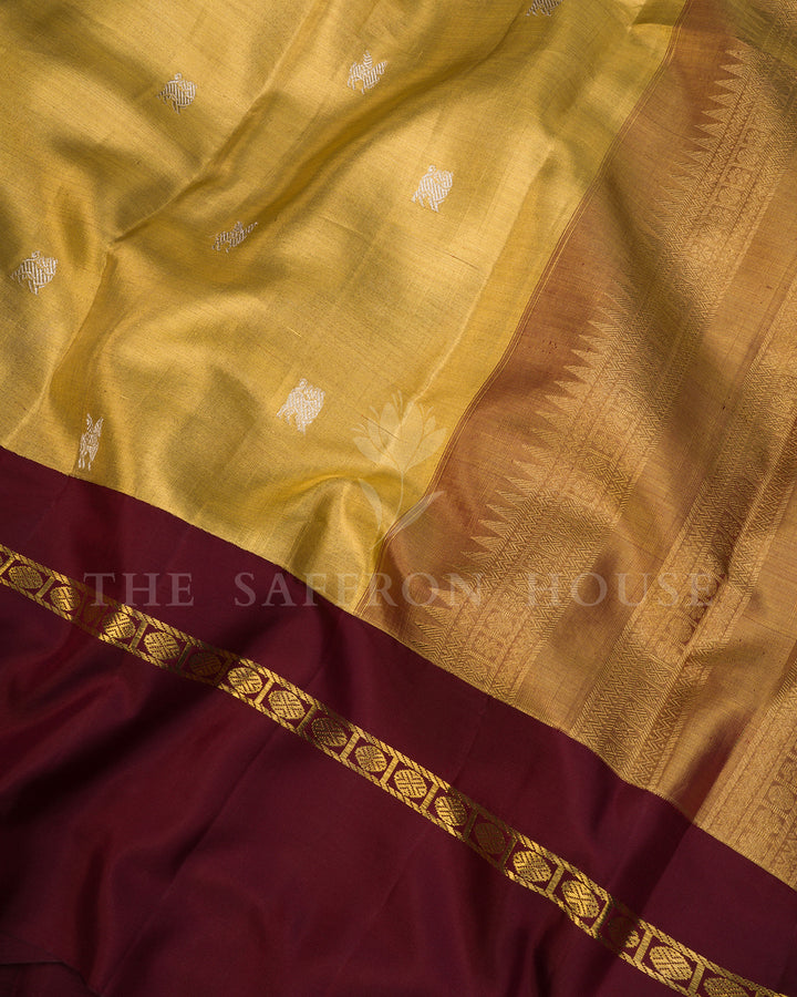 Gold Kanchivaram Silk Saree with Silver Bird Butis & Contrast Maroon Border