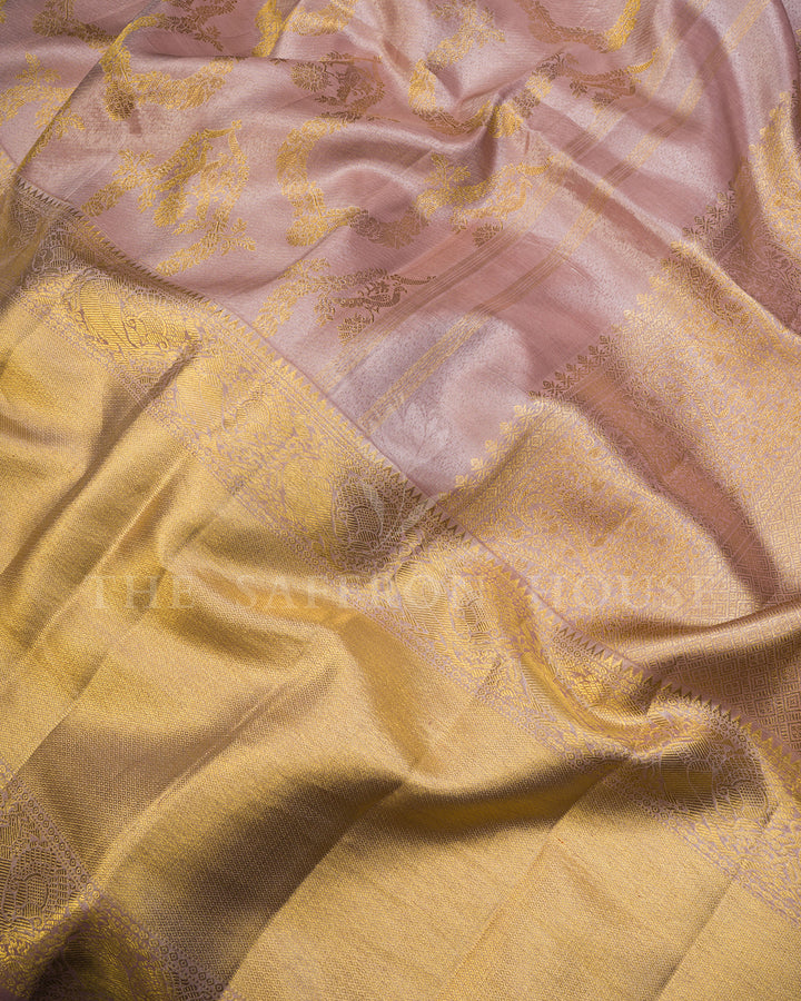 Dusty Pink Kanchivaram Silk Saree with Woven Vine Jaal & Gold Zari Checkered Border