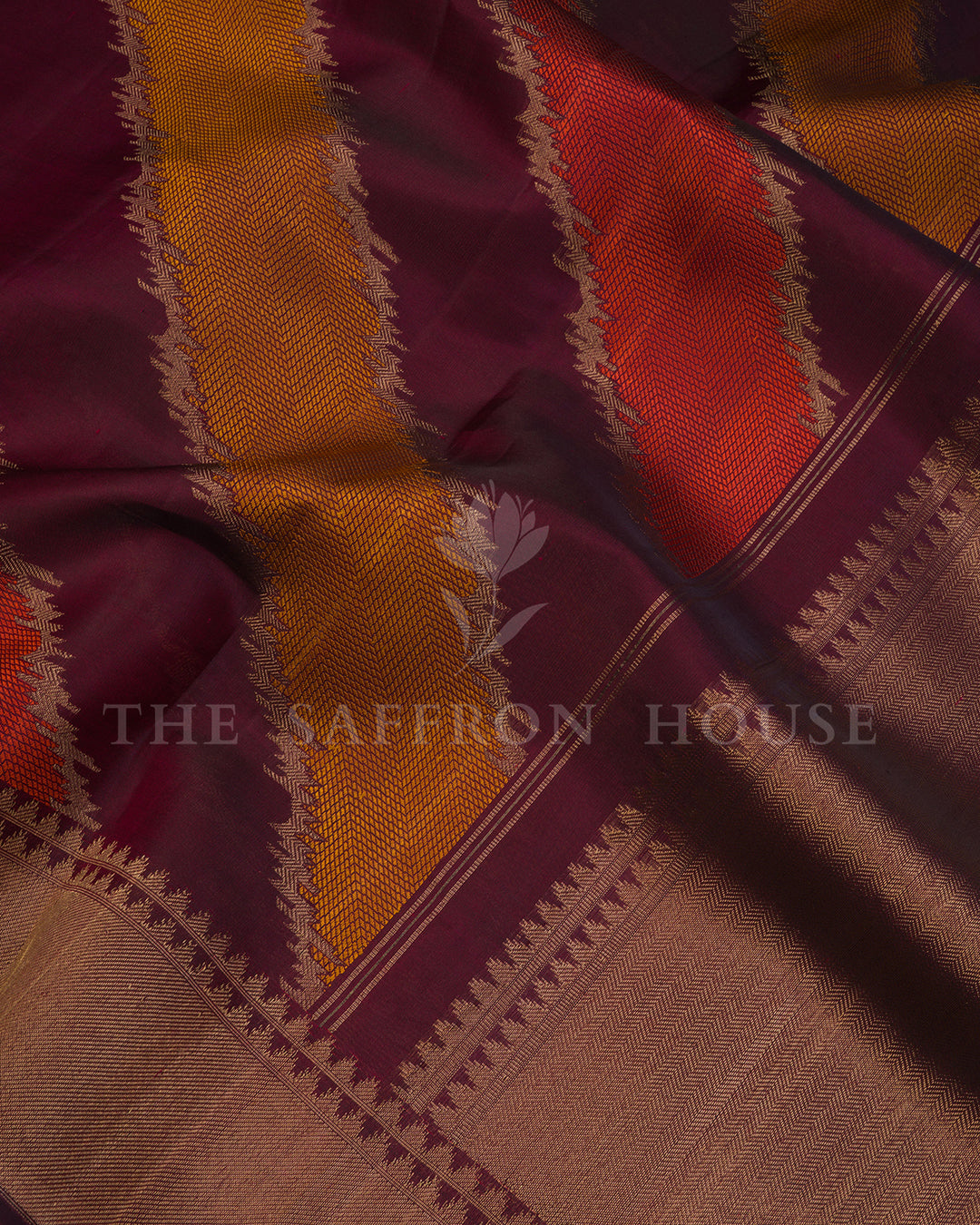 Maroon Kora Kanchi Silk Saree with Diagonal Ikat Chevron Weave