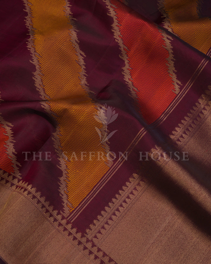 Maroon Kora Kanchi Silk Saree with Diagonal Ikat Chevron Weave