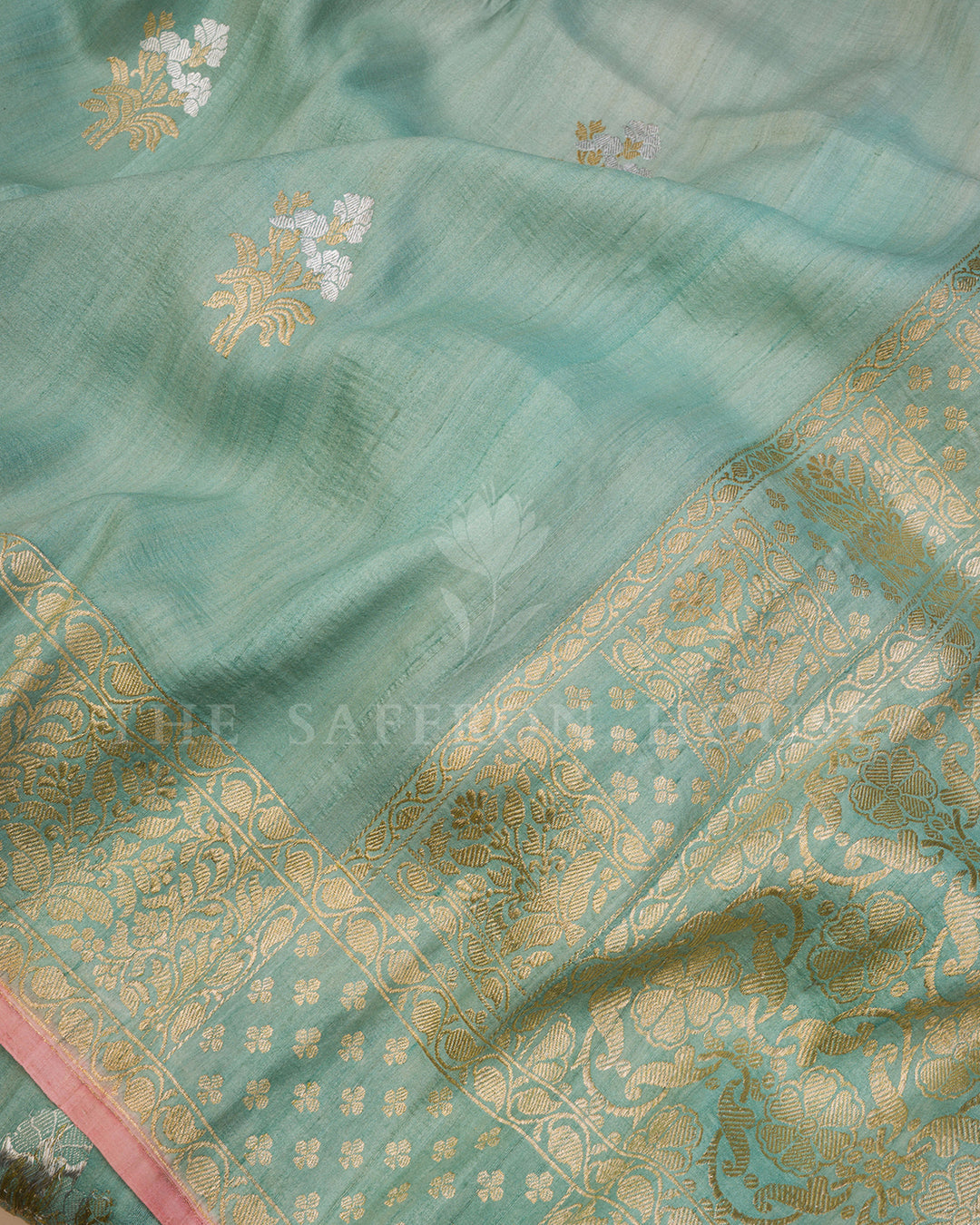 Sea Green Tussar Silk Saree with Scattered Gold Zari Buti & Floral Border