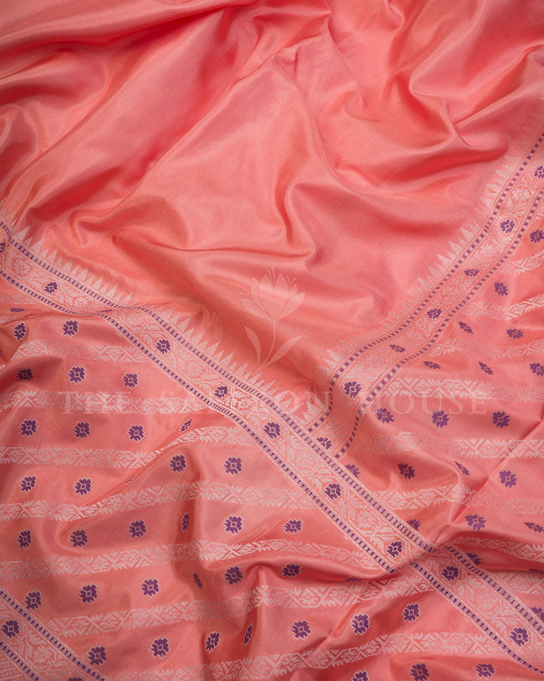 Peach Banarasi Silk Saree with Diagonal Purple Buti Weave & Silver Zari Border
