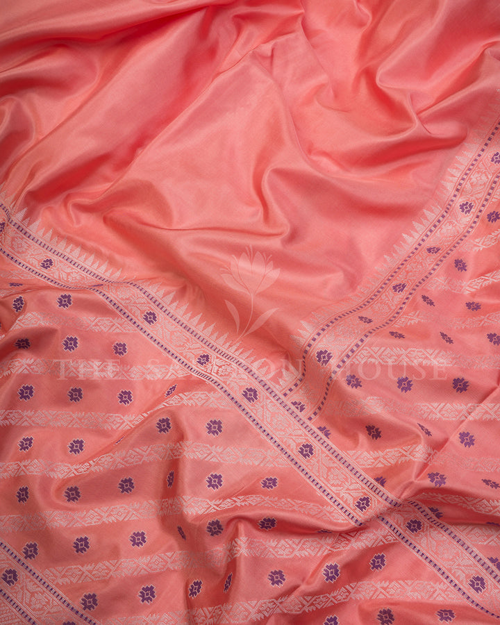 Peach Banarasi Silk Saree with Diagonal Purple Buti Weave & Silver Zari Border