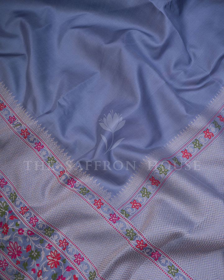 Steel Blue Banarasi Silk Saree with Chevron Zari Weave & Multicolor Floral Border