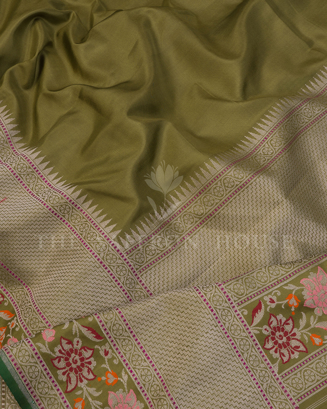 Olive Green Banarasi Silk Saree with Chevron Zari Border & Multicolor Floral Vine