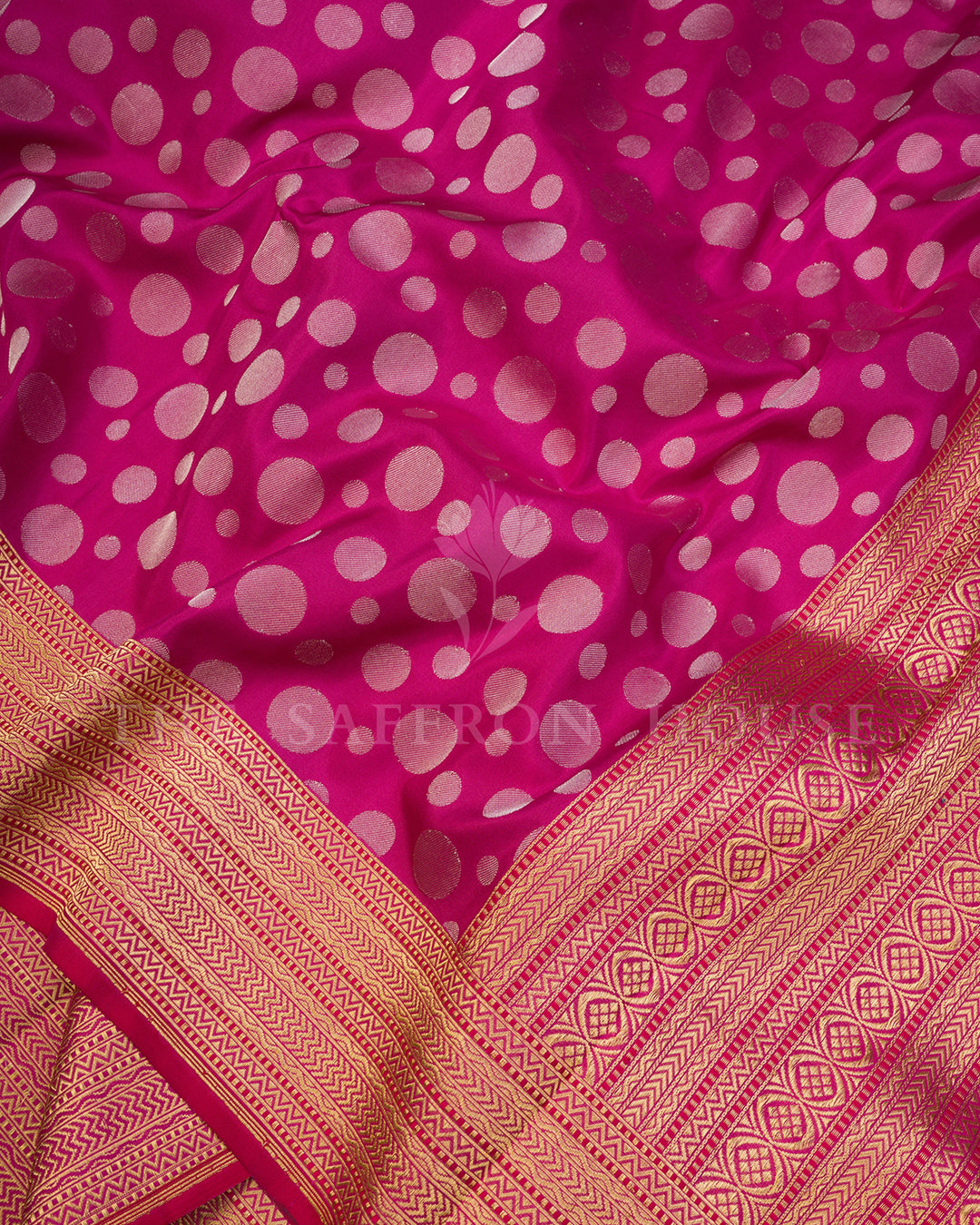 Rani Pink Banarasi Silk Saree with Gold Zari Polka Dot Weave & Chevron Border
