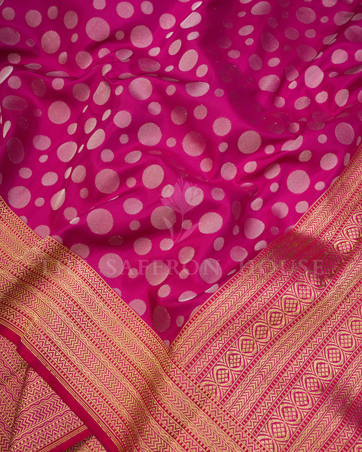 Rani Pink Banarasi Silk Saree with Gold Zari Polka Dot Weave & Chevron Border