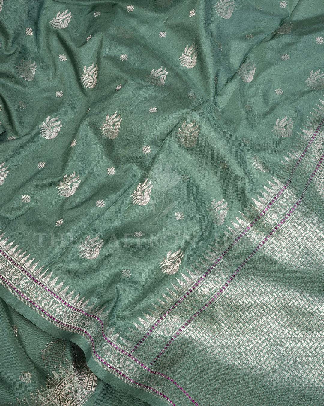 Sea Green Banarasi Silk Saree with Scattered Silver Zari Paisley Buti & Temple Border