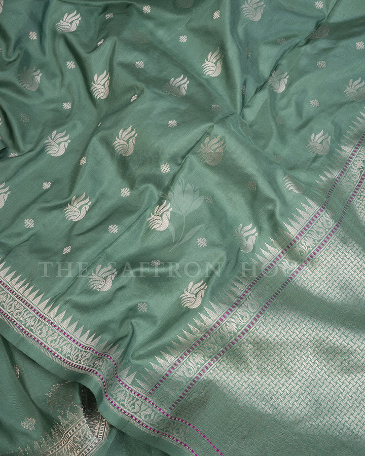 Sea Green Banarasi Silk Saree with Scattered Silver Zari Paisley Buti & Temple Border