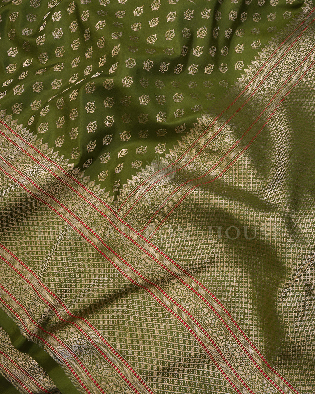 Olive Green Banarasi Silk Saree with Scattered Gold Zari Floral Buti & Diamond Lattice Border