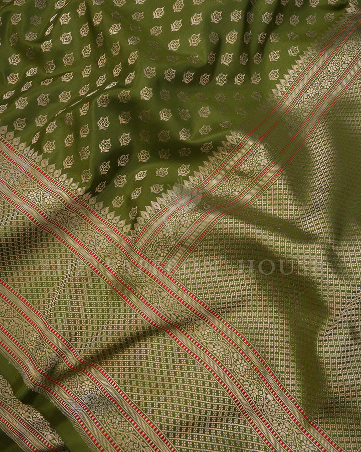 Olive Green Banarasi Silk Saree with Scattered Gold Zari Floral Buti & Diamond Lattice Border