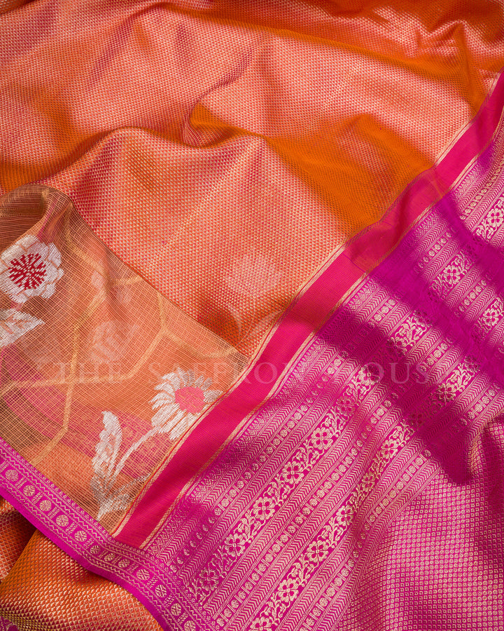 Peach Kanchivaram Silk Saree with Kota Border & Magenta Zari Pallu