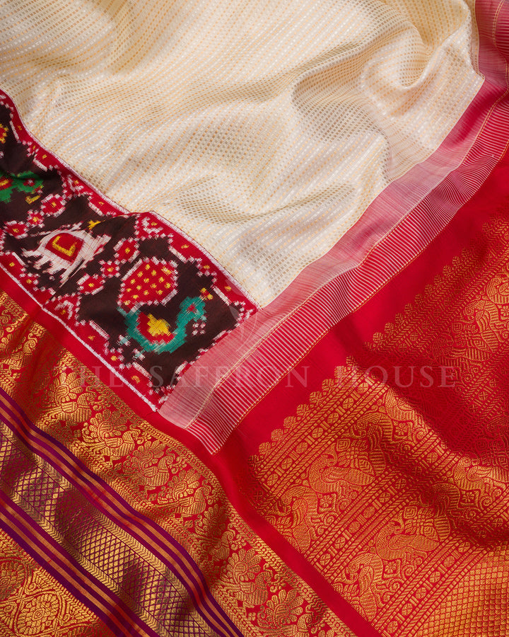 Ivory Kanchivaram Silk Saree with Patan Patola Fusion Border
