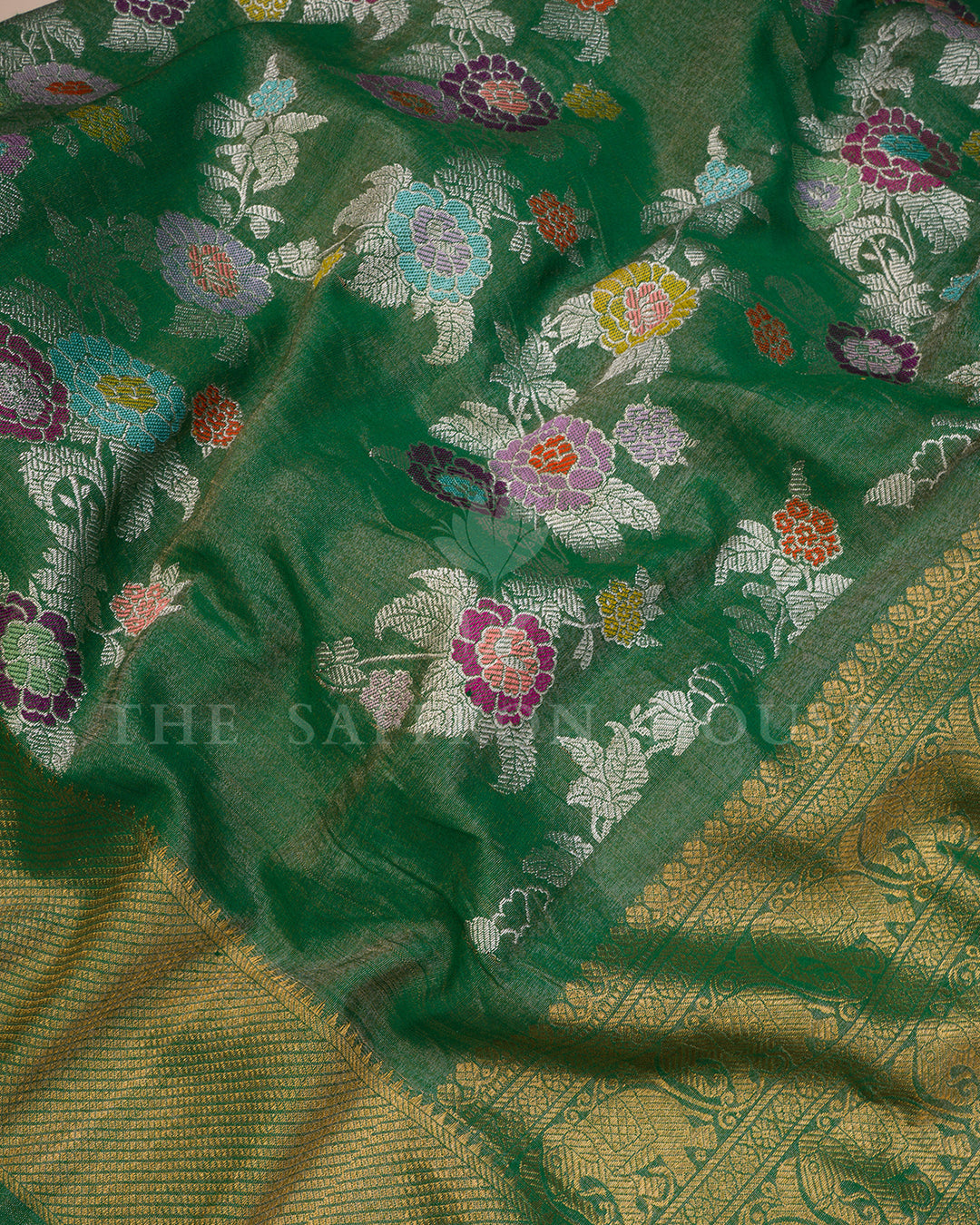 Emerald Green Banarasi Tissue Silk Saree with Meenakari Floral Bunch & Gold Zari Elephant Border