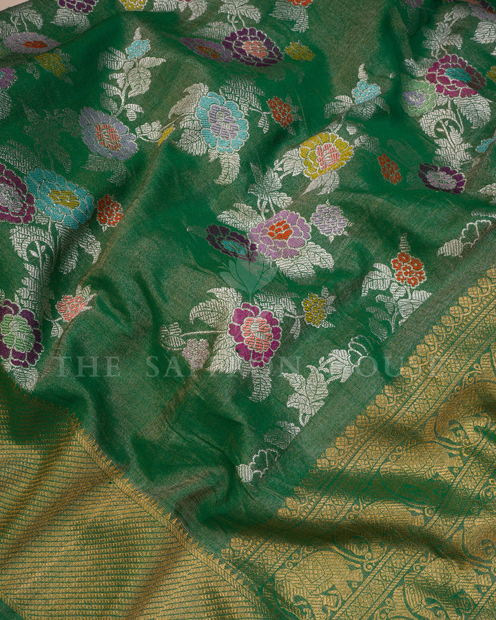 Emerald Green Banarasi Tissue Silk Saree with Meenakari Floral Bunch & Gold Zari Elephant Border