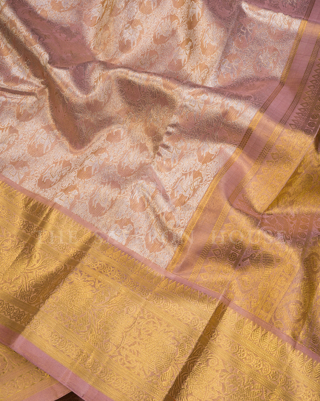 Dusty Pink Kanchivaram Silk Tissue Saree with Horse Procession Pallu & Wide Gold Zari Border