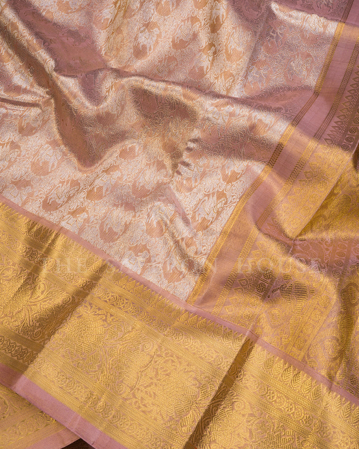 Dusty Pink Kanchivaram Silk Tissue Saree with Horse Procession Pallu & Wide Gold Zari Border