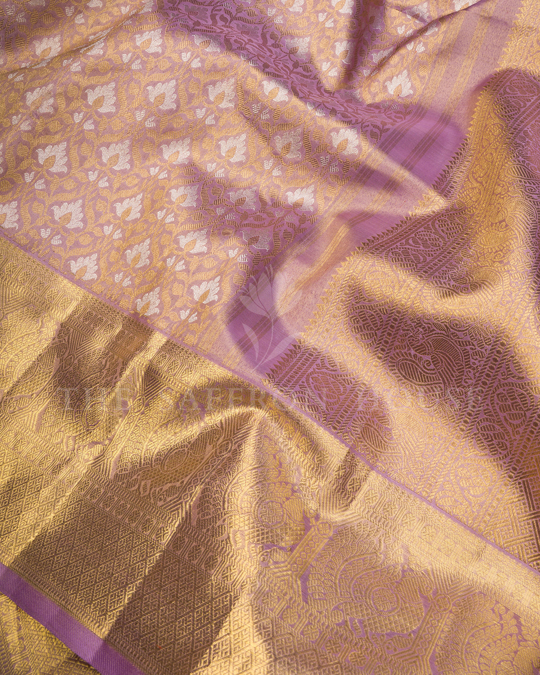 Lilac Kanchivaram Silk Saree with Gold Zari Floral Jaal & Wide Paisley Temple Border