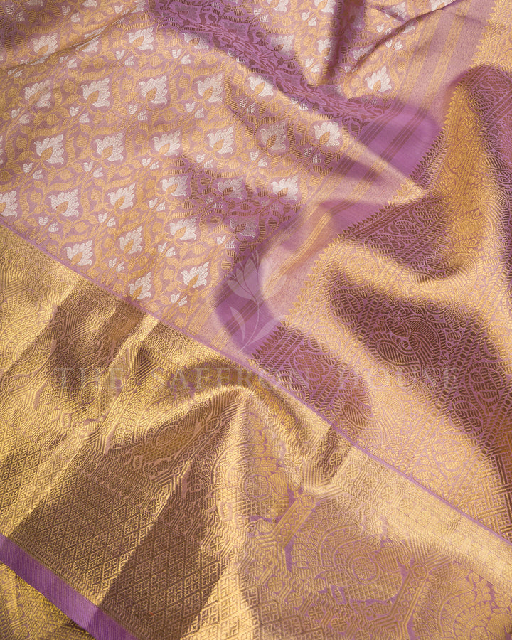 Lilac Kanchivaram Silk Saree with Gold Zari Floral Jaal & Wide Paisley Temple Border