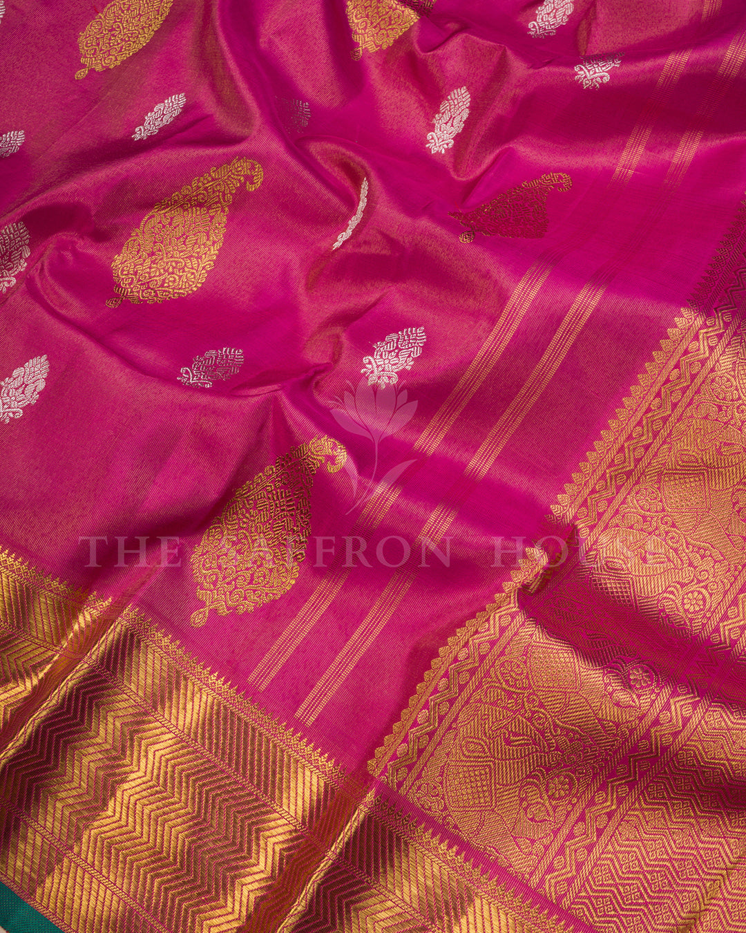 Rani Pink Kanchivaram Tissue Silk Saree with Gold Zari Paisley Buti & Elephant Border