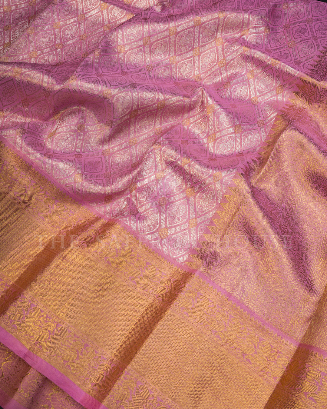 Baby Pink Kanchivaram Silk Saree with Diamond Peacock Lattice Weave & Gold Zari Floral Border
