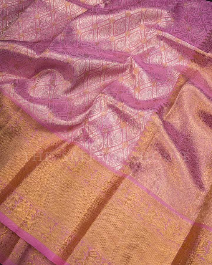 Baby Pink Kanchivaram Silk Saree with Diamond Peacock Lattice Weave & Gold Zari Floral Border