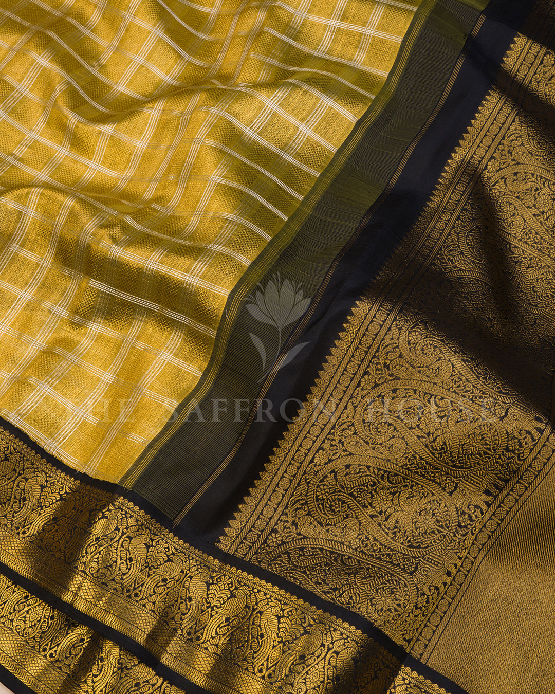 Gold Kora Kanchi Silk Saree with Silver Checkered Weave & Black Peacock Border