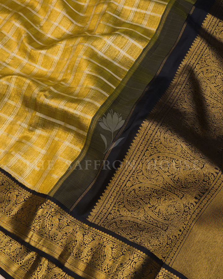 Gold Kora Kanchi Silk Saree with Silver Checkered Weave & Black Peacock Border