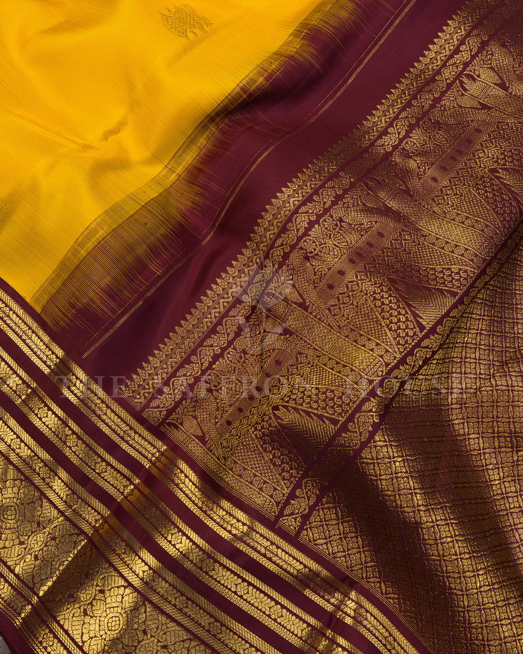 Yellow Korvai Kanchivaram Silk Saree with Scattered Zari Buti & Maroon Border
