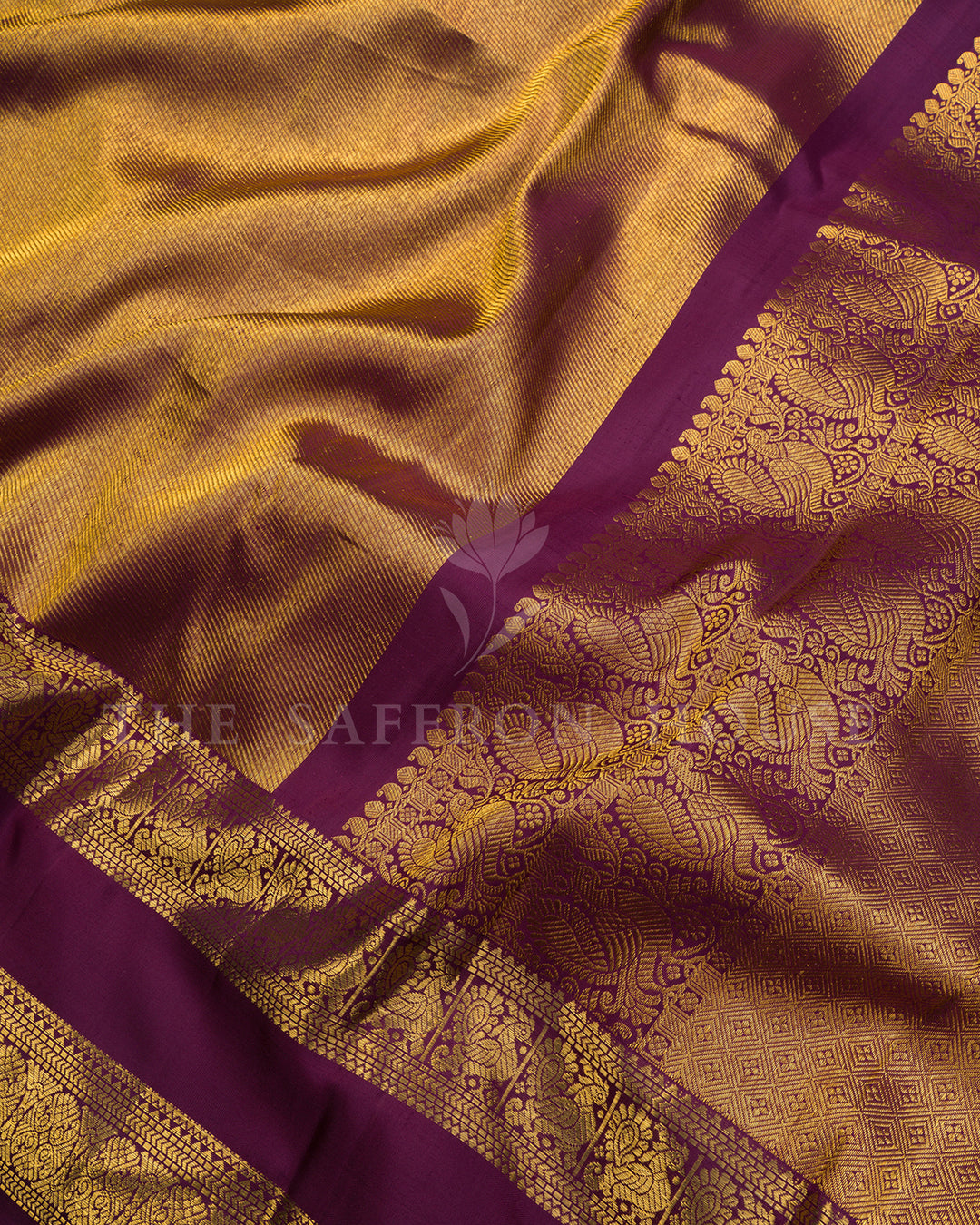 Gold Kanchivaram Silk Saree with Diagonal Zari Texture & Wine Peacock Border