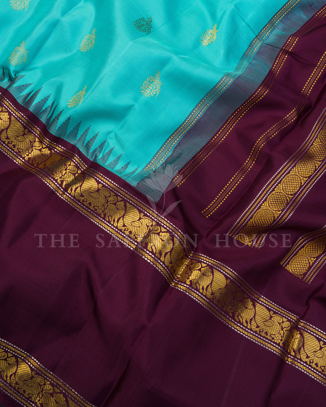 Turquoise Korvai Kanchivaram Silk Saree with Scattered Zari Buti & Wine Yali Border