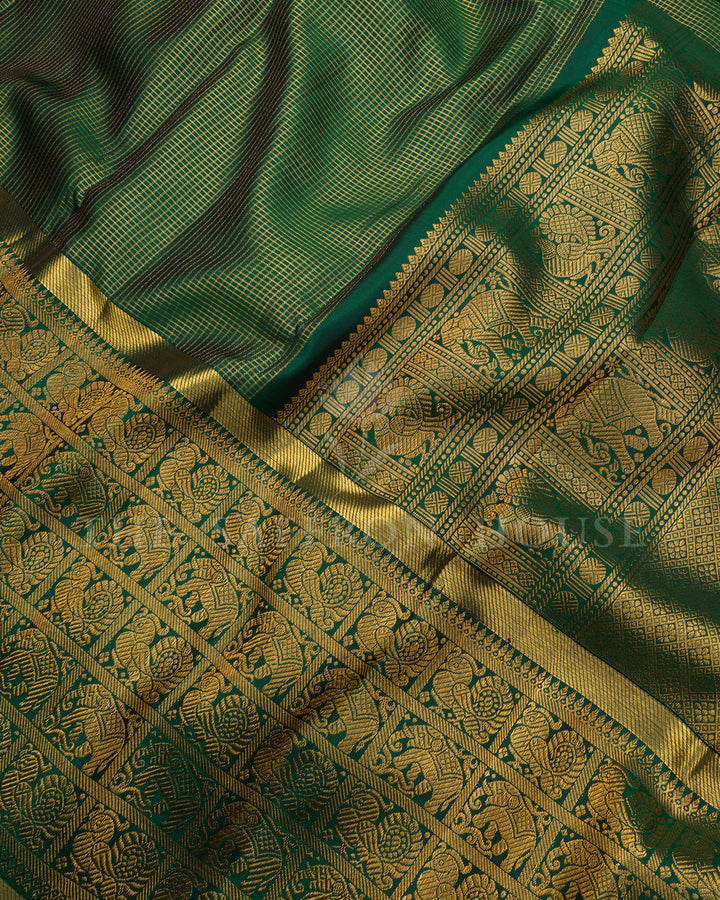 Emerald Green Kanchivaram Silk Saree with Checkered Zari Weave & Gold Elephant Procession Border