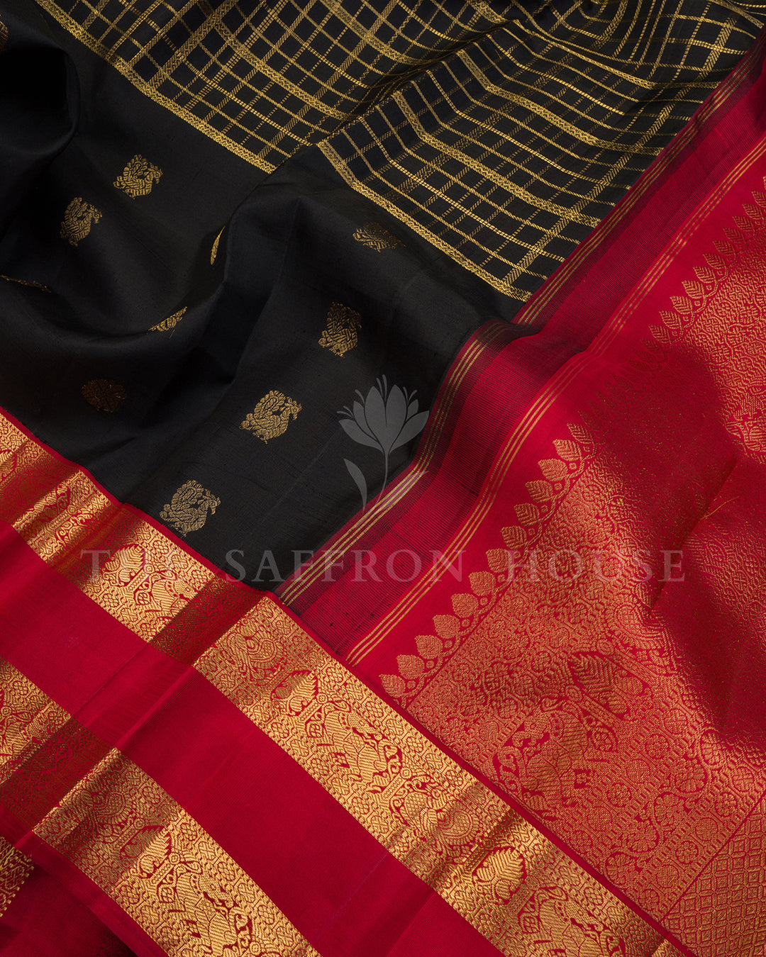 Black Kanchivaram Silk Saree with Zari Check Weave & Gold Buttis, Red Temple Border