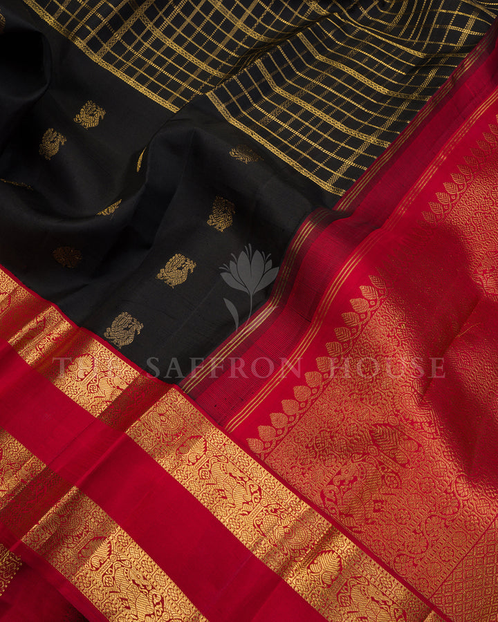 Black Kanchivaram Silk Saree with Zari Check Weave & Gold Buttis, Red Temple Border