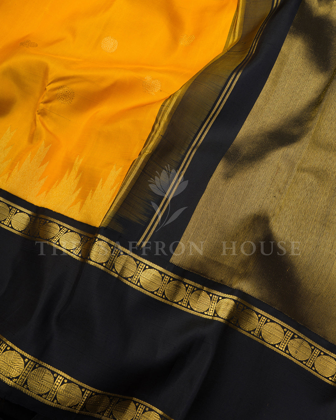 Golden Yellow Kanchivaram Silk Saree with Zari Buttis & Black Coin Motif Border