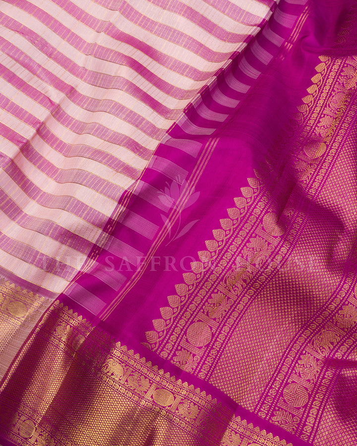 Pink and Magenta Striped Kanchivaram Silk Saree with Gold Zari Border